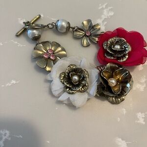 Handmade Fabric Flower with Rhinestone and Faux Pearl Brass Bracelet